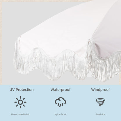 Rayjee 6.5FT Patio Umbrella with Fringe, UV Protection Beach Umbrella with Tilt & Adjustable Height, Includes Carry Bag & Ground Stake, Outdoor Umbrella for Pool, Garden, Backyard -Beige