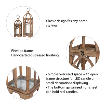 Glitzhome Farmhouse Decorative Lanterns Wooden Candle Lantern Church Window Frame Lanterns for Wedding Mantle Entryway Home Patio Balcony Garden, Pack of 2, Natural, No Glass