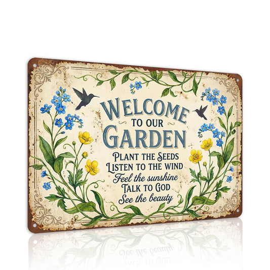 Hannial Garden Decor for Outside, “Welcome to Our Garden” Vintage Floral Metal Sign, Rustic Front Porch Decor, Metal Wall Art, 8x12 Inch