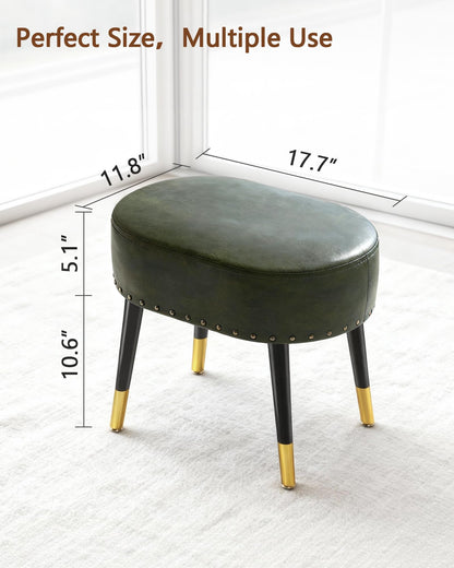 LITZFUR Vanity Stool Chair for Makeup, Pu Leather Oval Footrest, Vintage Rivet Ottoman Bench with Metal Legs, Dressing Stool for Batheroom, Living Room, Entryway, Green