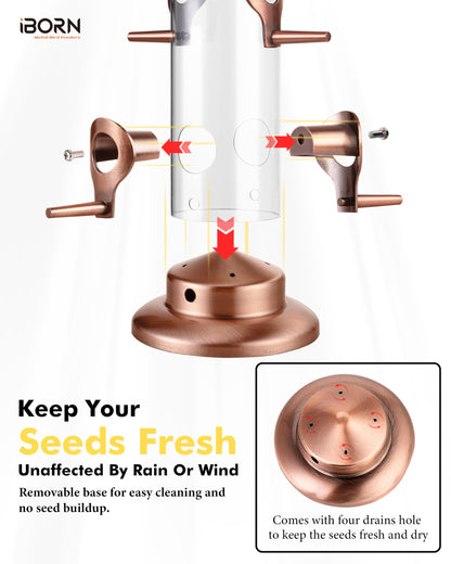 iBorn Metal Bird Feeders Brushed Copper Wild Bird Feeder for Outdoors Hanging All Metal Brushed Copper Finishing 15 Inch 6 Port(Seed is not Included)