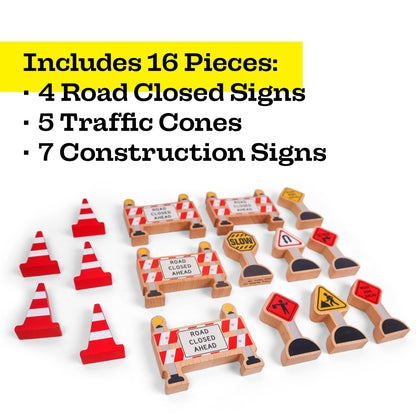 16 Pc Wooden Construction Signs and Traffic Cones - Construction Site Road Signs -Community Helpers Educational Preschool Street Track Accessories