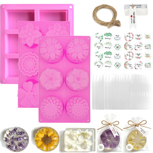 DIY Soap Making Kit, 148 Pieces with Pink Silicone Flower Molds, Handmade Gift Tags, Kraft Paper Bags, Thank You Stickers, Jute Twine for Professional Crafting