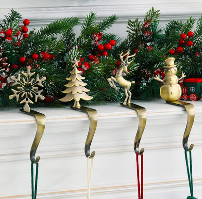NIGHT-GRING Christmas Stocking Holder - Set of 4 Stocking Hangers Snowman Santa Snowflakes Christmas Tree Deer Stocking Hooks for Fireplace, Shelf, Staircases