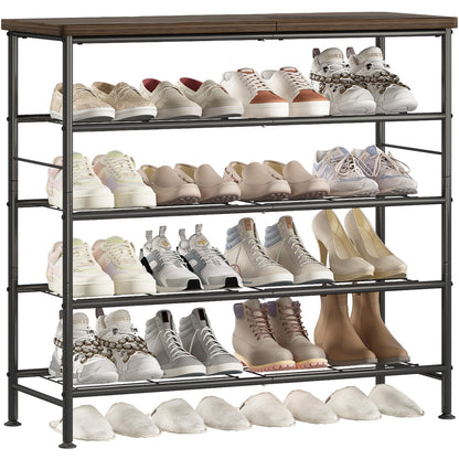 SUOERNUO Shoe Rack Organizer 5 Tier for Closet Entryway Free Standing Metal Storage Shoe Shelf with MDF Top Board，Black+Rustic Brown