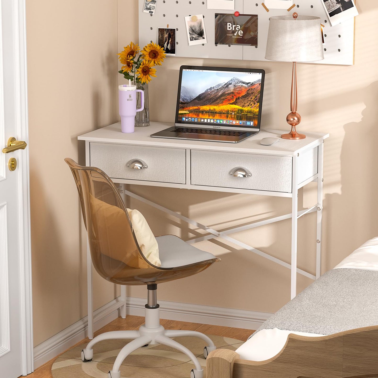 DAOUTIME Small Writing Desk for Kids Bedroom, 31.5 Inch White Computer Desk for Small Spaces, Simple Desk with 2 Fabric Drawers for Home Office, Dorm, Living Room, Home Study Table, White