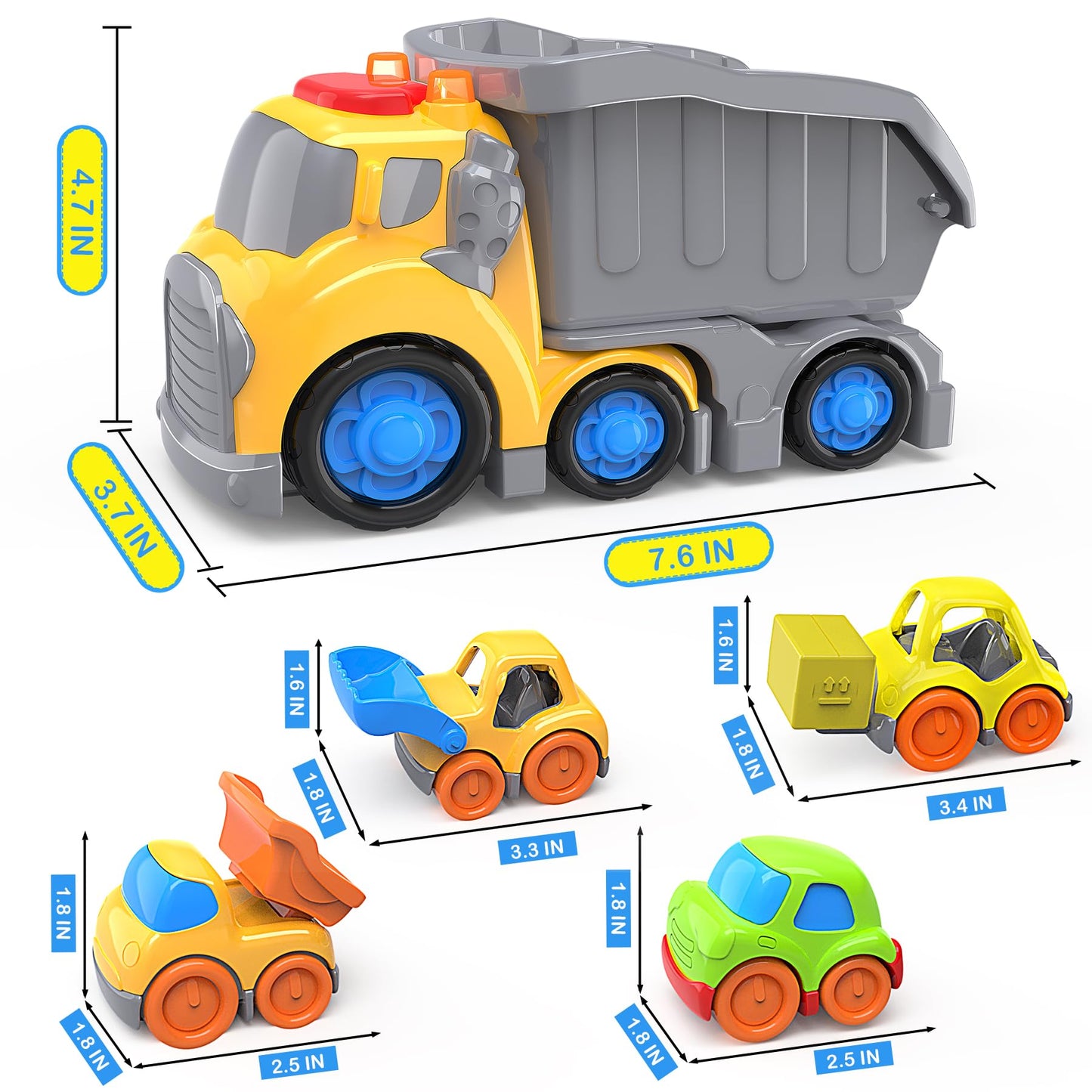 P&C 7.6" Toddler Construction Dump Truck Toys for Ages 2-4, Beach Sand Outdoor Toys Dump Truck Set with Sounds and Lights for Kids 18M+, 2, 3, 4, Ideal Birthday Christmas Gifts for Boys Girls