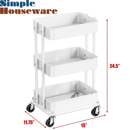 Simple Houseware 3-Tier Compact Utility Rolling Cart, Low 24” Height Fits Under Desk, Space-Saving Storage for Home Office, Dining Room, or Kitchen, White