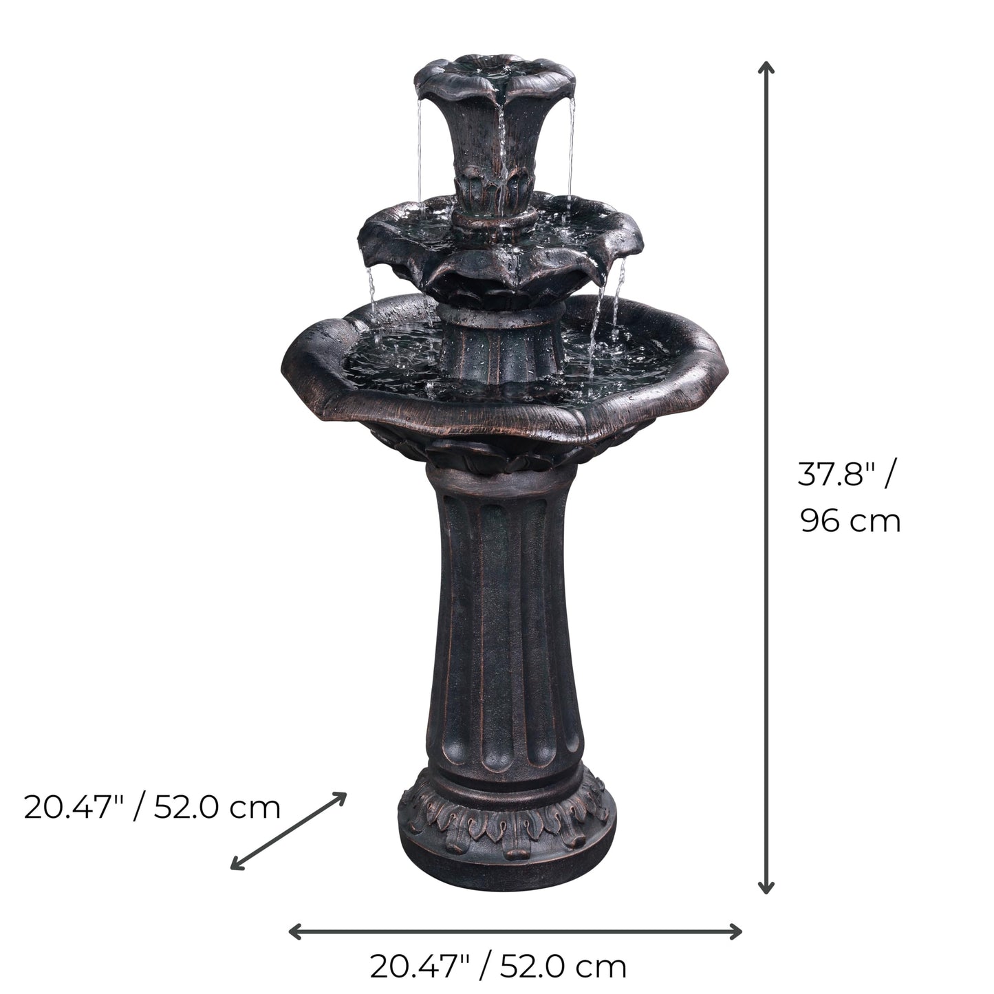 Teamson Home Lily Flower Floor Pedestal 3 Tiered Floor Waterfall Fountain with Pump for Outdoor Patio Garden Backyard Decking, 38 Inch Height, Dark Gray