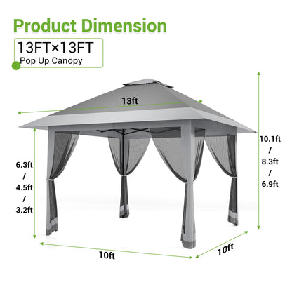 13x13 ft Pop Up Canopy Tent, One-Push Setup Gazebo with Mosquito Netting, 4 Sandbags, Height Adjustable, Waterproof UV Protection for Backyard Parties, BBQs, Camping