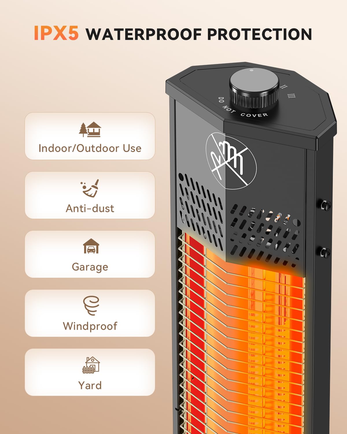 Encyclpo Patio Heater for Outdoor Use,1500W Infrared, 36 in Portable Tower Heater, 3 Levels, IPX5 Waterproof, Tip-Over&Overheat Protection for Garage, Indoor, Large Room, Backyard, Home