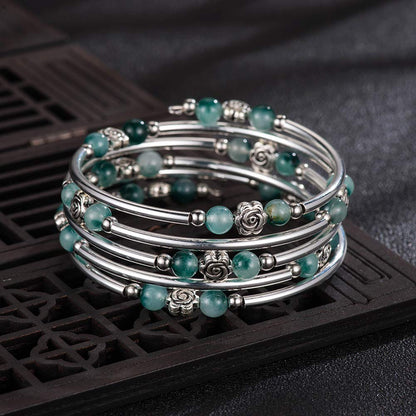 BULINLIN Wrap Bangle Rose Bead Bracelet - Beaded Bracelet with Natural Agate Stone Gifts For Women(01-Jade green)