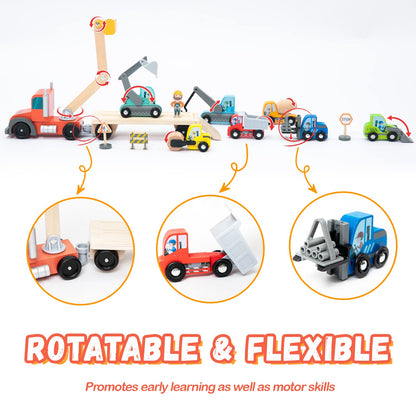 Wooden Construction Site Vehicles with Trailer 14 PCS Set, Vehicle Toys Cars for Toddlers and Kids Ages 3+ Gifts for Boys Girls, Compatible with Thomas and Other Major Brand Train Toy and Railway Set