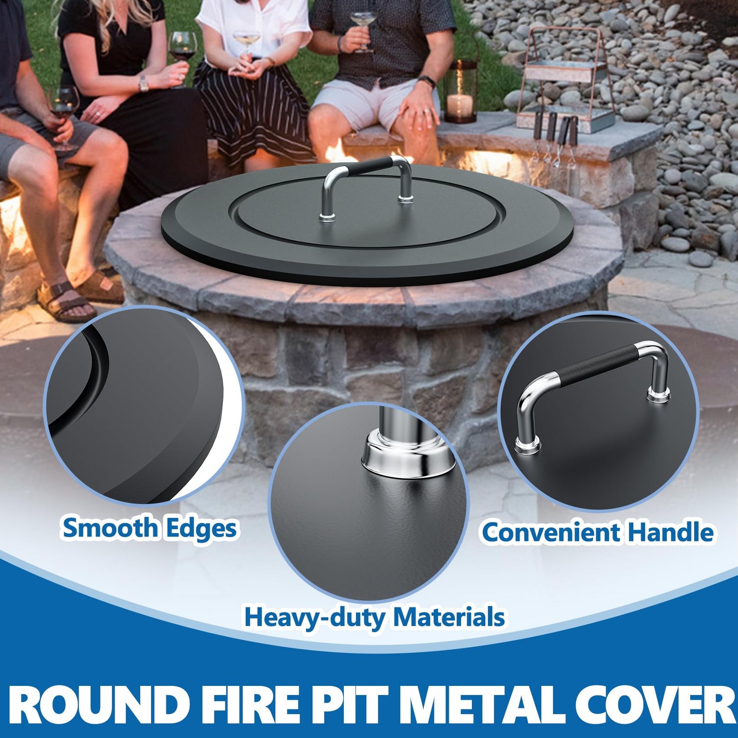 SafBbcue Fire Pit Lid Round 28.5" for Patio Outdoor Firepit, Metal Fire Pits Cover Round for Firepit Accessory, Firepits Metal Lid with Handle, Outdoor Bonfire Accessories, All-Season Protective