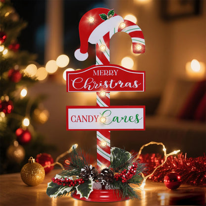WONDER GARDEN Christmas Signs Indoor - 2 Pack Lighted Candy Cane Signs with Artificial Holly Berries, 16 Inch Metal Standing Merry Christmas Sign Decorations for Home or Party Table Decor Gift(Hat)
