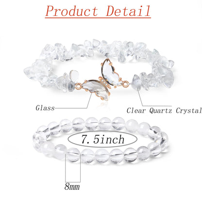 DUQGUHO 2Pcs Clear Quartz Bracelets for Women Butterfly Bracelets for Women White Crystal Bracelets Gemstone Bead Jewelry Cute Butterfly Charm Bracelet 8mm Crystal Beaded Jewelry Gifts for Women