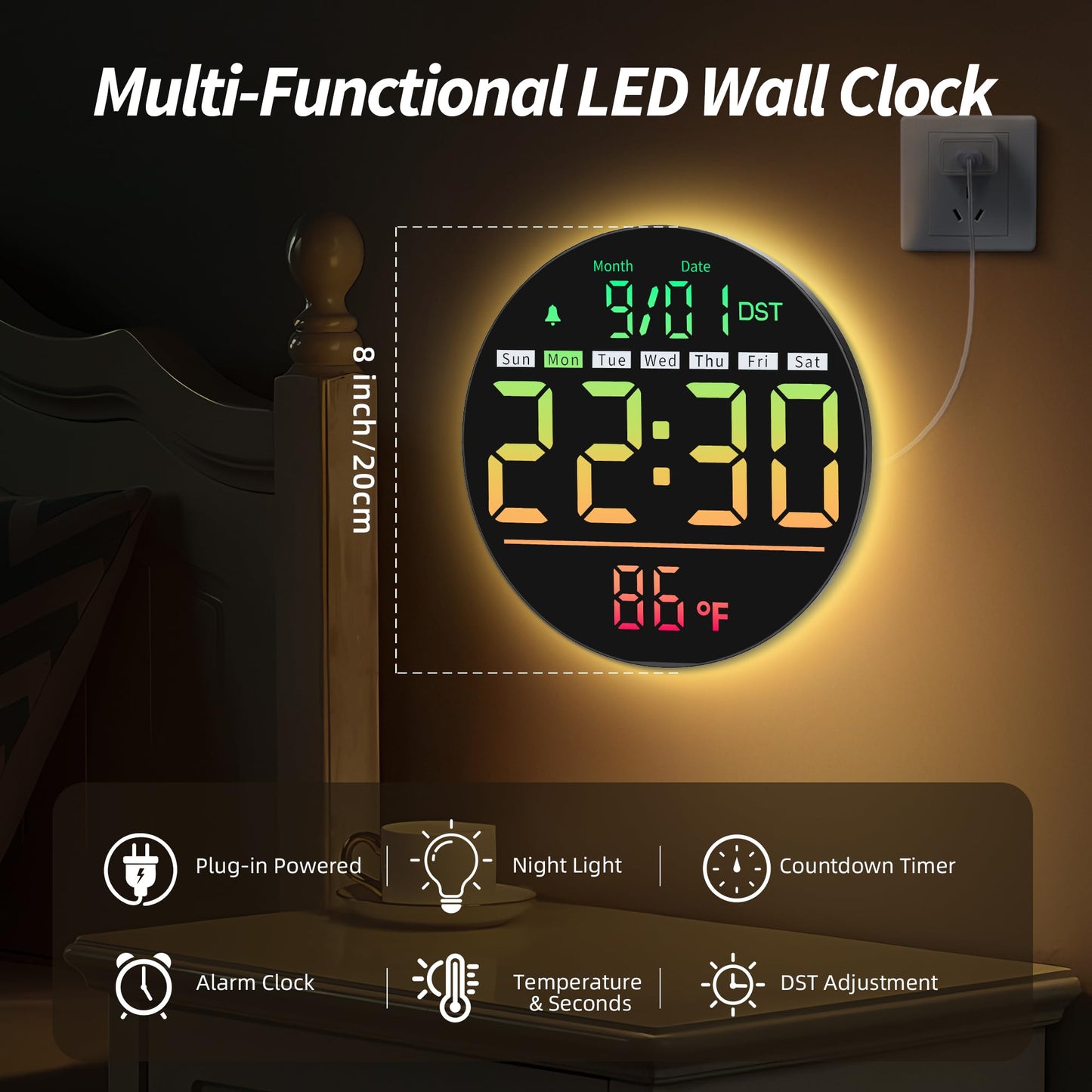 Maxstar Led Digital Wall Clock with Timer, Seconds, Temperature, Date, DST, Nightlight, RGB Color, Alarm Clock, 5-Level Display Brightness, Digital Clock Timer for Classroom, Bedroom, Garage, Gym