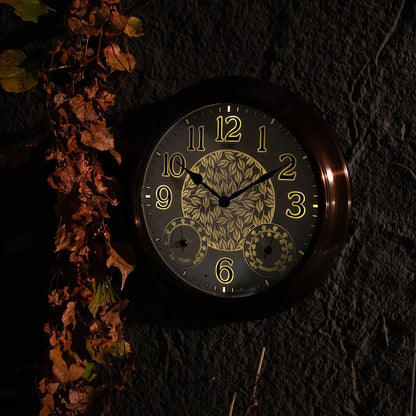 OCEST 15 Inch Illuminated Large Outdoor Clock Waterproof, Night Light Illuminated Wall Clocks with Smart LED Sensor, Temperature and Humidity Combo for Garden Patio Pool Garage (Metal)