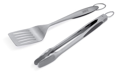 Weber Stainless Steel Style 2‑Piece Barbecue Tool Set – Spatula & Hands‑Free Locking Tongs with Textured Easy‑Grip Handles, BBQ Grilling