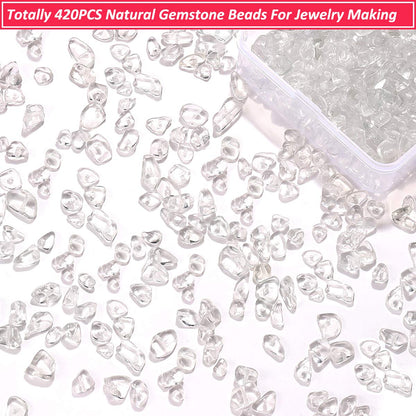 420PCS Chip Stone Beads Clear Crystal Quartz, Irregular Gemstones Healing Crystal Loose Beads Crushed Chunked Crystal Pieces Hole Drilled for DIY Art Crafts Jewelry Making (Clear Crystal Quartz)