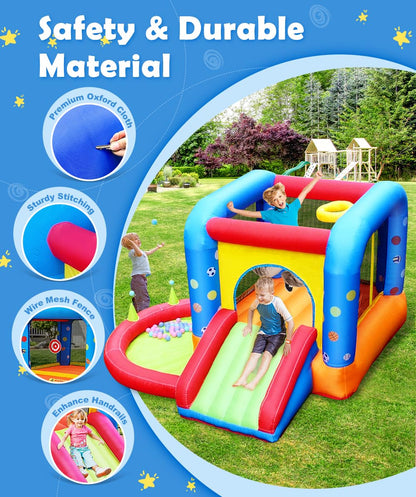 Step4Fun Inflatable Bounce House, Kids Castle Slide Bouncer for Children Jumping Outdoor and Indoor Party, Baby Backyard Water Jumper Toy with Blower, Ball Pit Pool, Ideal Gifts（112 x 98 x 65”）