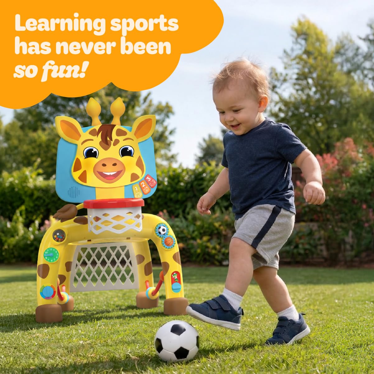 Move2Play, Giraffe Basketball Hoop & Soccer Goal Activity Center | 30+ Sounds & Songs + 5 Lights | 1 2 3 Year Old Birthday Gift for Boys and Girls | Toy for Baby & Toddlers (Yellow)