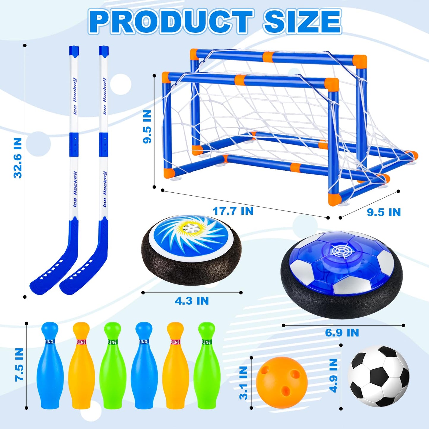 NEUBSAW 4-in-1 Hover Soccer Ball Hockey & Bowling Set, LED Air Floating Sports Toy for Indoor Outdoor Play for Kids Ages 3-12, Birthday for Boys Girls Toddlers