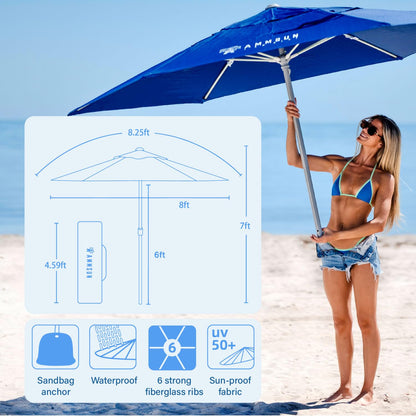 AMMSUN 8ft Large Beach Umbrellas for Sand Heavy Huty Wind Portable Commercial Grade Patio Beach Umbrella with Sand Anchor Adjustable Height Air Vent UPF 50+ Telescoping Pole without tilt Dark Blue