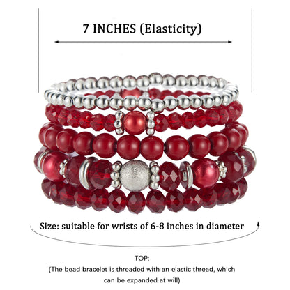 Noessla Beaded Pearl Stretch Bracelet Silver Stackable Crystal Beads Bracelets Trendy Costume Jewelry Mothers Day Gifts for Women(Red)