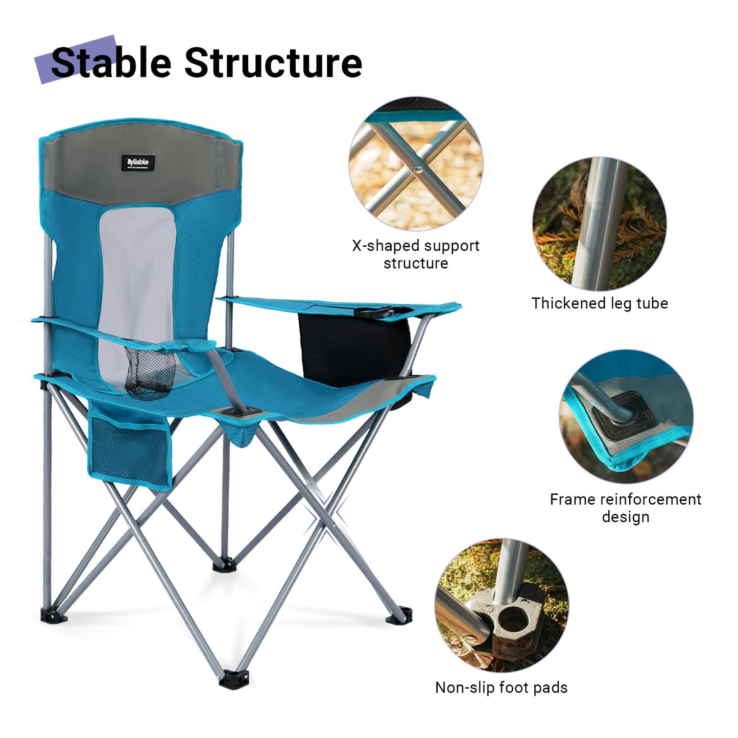Camping Folding Chair Outdoor Lawn Portable Lightweight Camp Folding Chairs for Adult Outside with Cup Holder, Cooler Pouch & Side Pocket for Camping, Beach, Fishing, Sports or Tailgating Events, Blue