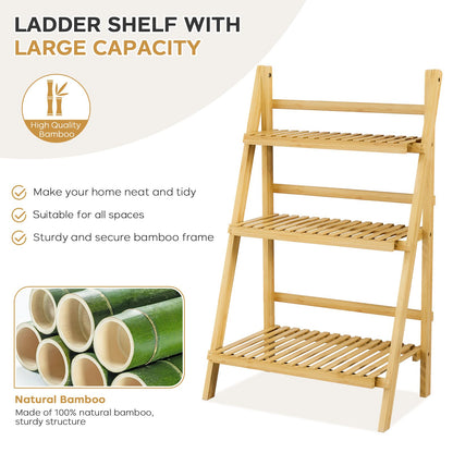 Foldable Ladder Shelf 39.4", Plant Shelf 3 Tier, Bamboo Ladder Flower Pot Display Shelf, Freestanding Ladder Bookshelf for Living Room, Balcony, Yard, Garden, 23.6"W x 15"D x 39.4"H, Natural
