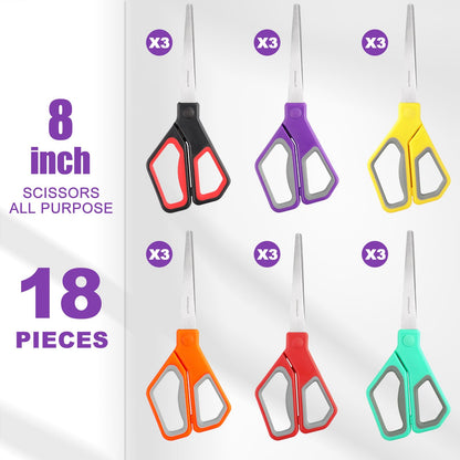 BURVAGY 18Pack 8" Scissors All Purpose, Heavy Duty Scissors with Ultra Sharp Blades Comfort Grip Handles - For Office Home School Sewing Fabric Crafts, High/Middle School Student Teacher Scissor