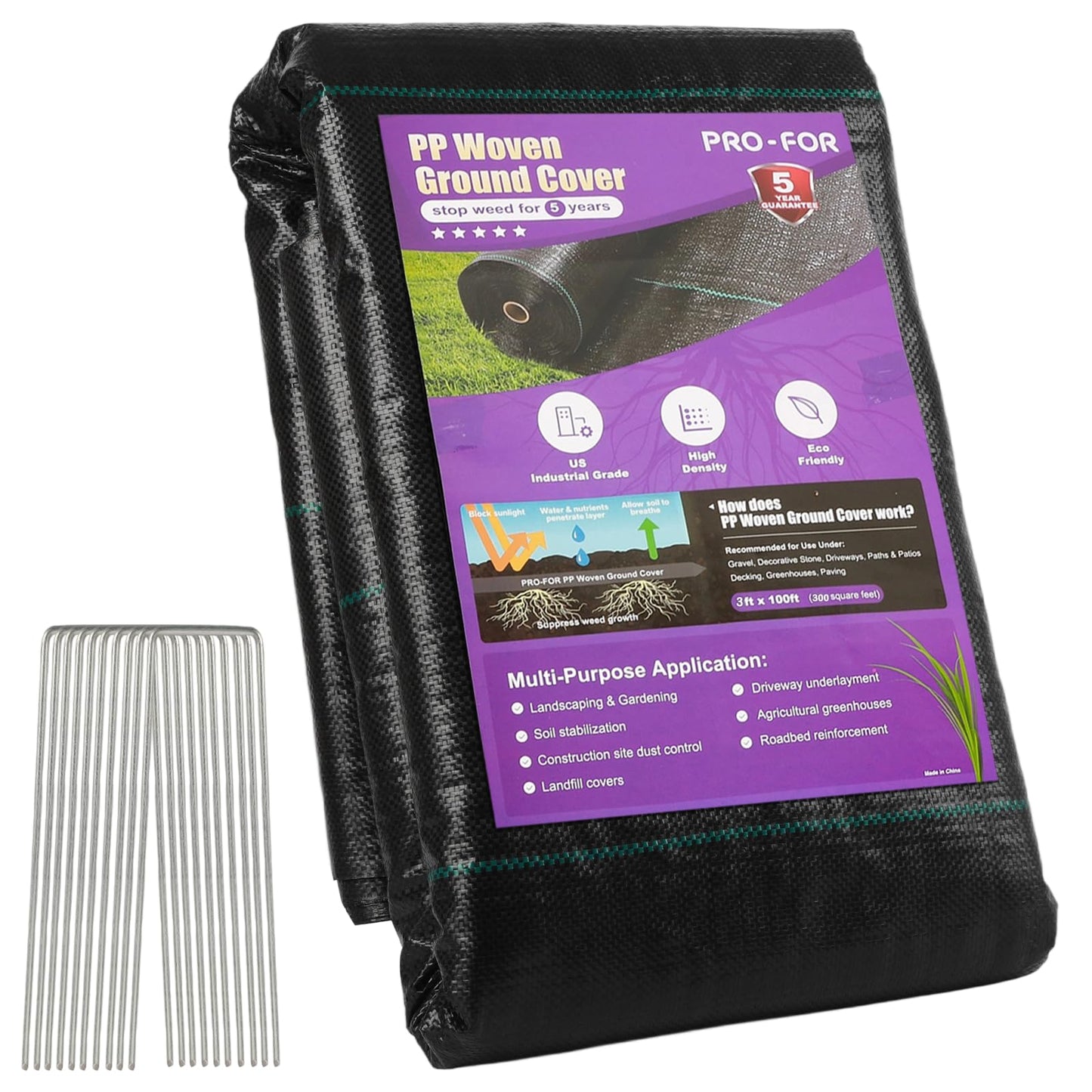 PRO-FOR 3FT x 100FT 3.2oz Heavy Duty Weed Barrier Landscape Fabric – Premium Woven Ground Cover for Gardening, Farming & Driveways, Breathable Weed Control Cloth with 10 U-Shaped Securing Pegs