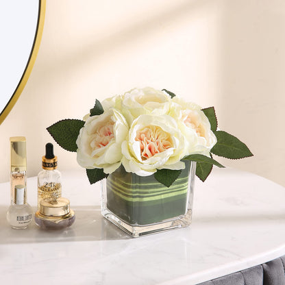 GreenHouzz Artificial Peony Silk Flower Centerpieces Faux Floral Arrangement in Glass Vase for Home Wedding Table Decoration (Champagne)