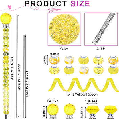 119 Pcs Garden Stake DIY Fairy Wand Plant Stake with Yellow Large Hole Beads Crystal Diamond Stopper Top 4 Stainless Steel Threaded Rod Beaded Garden Stakes for Outdoor Indoor Yard Patio Decorations