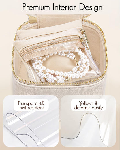 Vlando Travel Jewelry Case,Valentines Gifts,Small Jewelry Box Organizer,Travel Jewelry Storage with 6 Velvet Jewelry Zipper Pockets, Birthday Gifts for Women Girls (White)