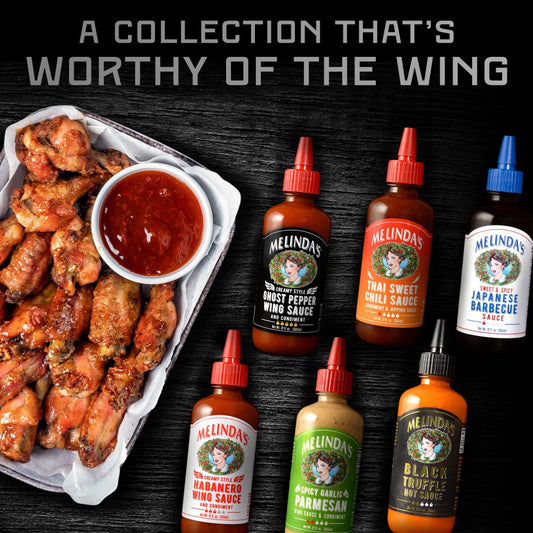 Melinda’s Craft Wing Collection - Craft Wing Sauce & Condiment Gift Set for Buffalo Wings - Black Truffle Hot Sauce, Thai Sweet Chili, Japanese BBQ, Ghost Pepper Wing Sauce & More - 12 oz, 6 Pack