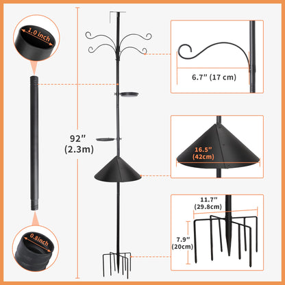 eWonLife 92 Inch Squirrel Proof Bird Feeder Pole with 9 Prongs Base, 1 Inch Dia Bird House Pole, Heavy Duty Bird Feeder Stand, Adjustable Shepherds Hooks for Outdoor with Squirrel Baffle Birdbath Tray