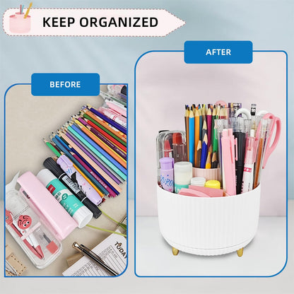 Ovatt White Desk Organizer Set - 15-Piece Office Supplies with 360° Rotating Pen Holder, Stapler, Tape Dispenser & Clips for Home Office
