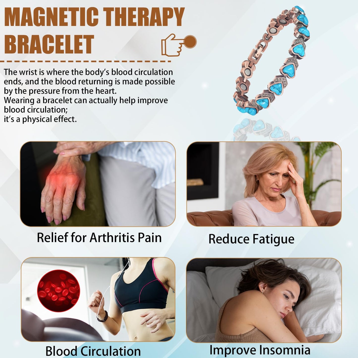 EnerCoppeX Copper Magnetic Bracelet for Women, Turquoise Detox Jewelry with 3500 Gauss Magnet (Type E)
