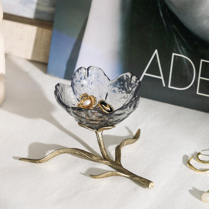 SOFFEE DESIGN Dark Glass Flower Jewelry Tray with Gold Metal Leaf Base, Jewelry Dish Ash Tray for Vanity Table, Moody Home Decor Accent