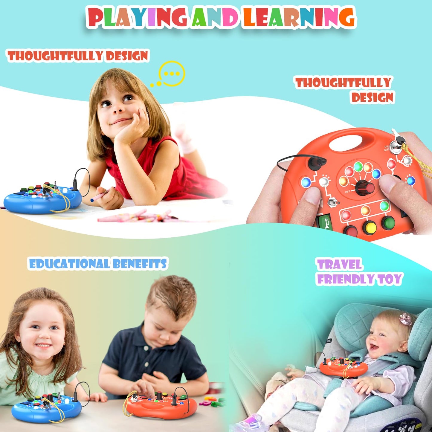 JIWORT Montessori Busy Board for 1 Year Old, Busy Board with LED Light, Baby Sensory Board Toddler Travel Toys for Kids Preschool Learning Activities Boys & Girls Birthday (Orange)