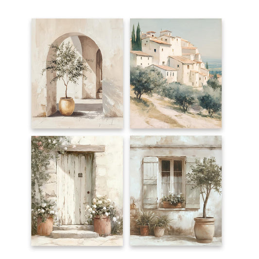FOPENEM Vintage Neutral Italian Coastal Diamond Painting Kit for Adults Beginners 9.8x11.8 Inch, Rustic Mediterranean Landscape Gem Diamond Painting Art Kits for Home Kitchen Wall Decor, Set of 4