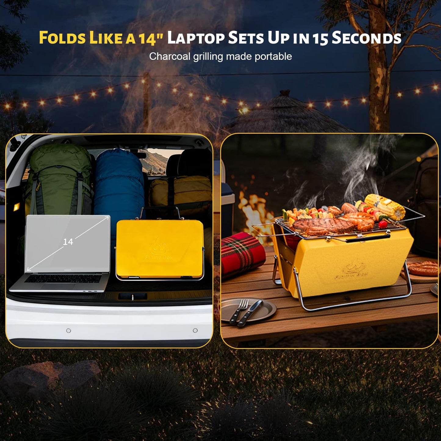 Ranger Portable Charcoal Grill – Compact Lunchbox‑Style Folding BBQ for Camping & Beach| Dual‑Zone Heating, Stainless Steel Body, 3-sec Setup, Includes Tong & Cleaning Brush, Serve 2-3 people