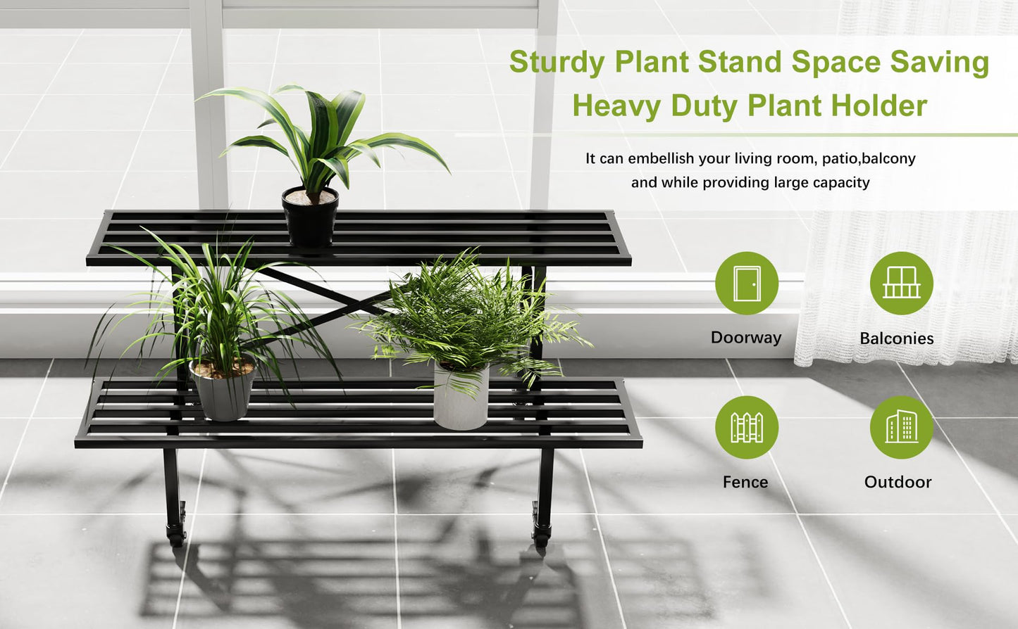 Zhongma 2 Tier Sturdy Metal Plant Stand with Wheels, L35.43 x W17.5 x H16.14 inch, Heavy Duty Plant Holder for Home Indoor and Outdoor,440 LBS Capacity & Heavy Duty Construction