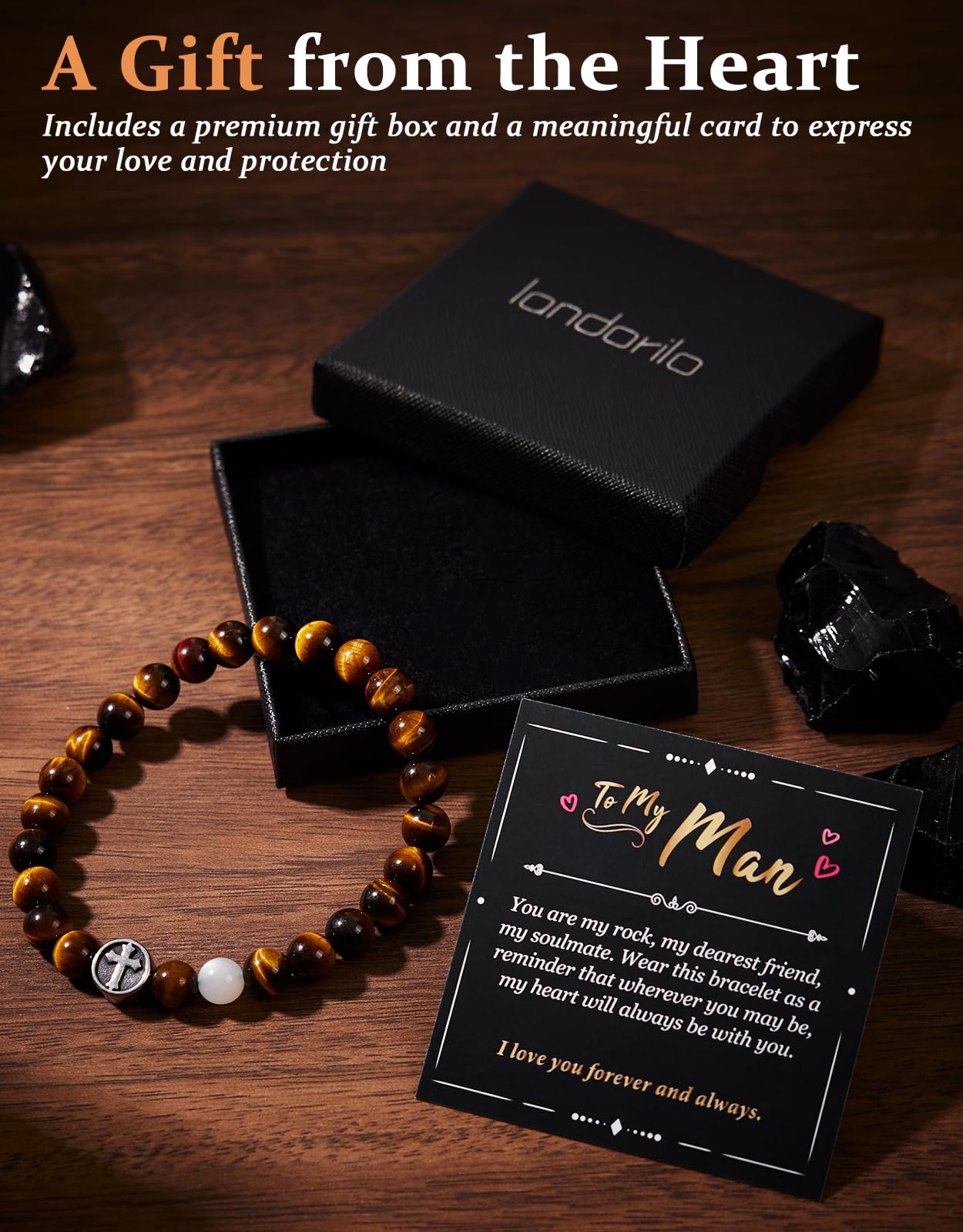 Landorilo Gifts for Men, 8mm Cross Natural Stone Beaded Bracelets, Yellow Tiger Eye Healing Bracelet, Handmade Mens Jewelry Gift for Him, Husband, Son, Father, Friend(To My Son-8.3in)