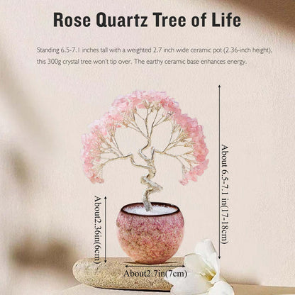 Runyangshi Rose Quartz Crystal Tree of Life - 7in Chakra Crystal Money Tree with 297 Natural Healing Crystal Gemstone for Love, Feng Shui, Luck, Balancing Energy Home Decor & Spiritual Gift