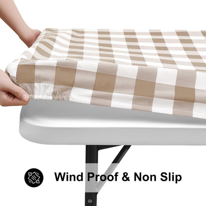Smiry Rectangle Picnic Table Cloth, Elastic Waterproof Fitted Vinyl Tablecloths, Flannel Backed Buffalo Plaid Table Covers for Dining, Camping, Outdoor (White and Khaki, 30" x 72")
