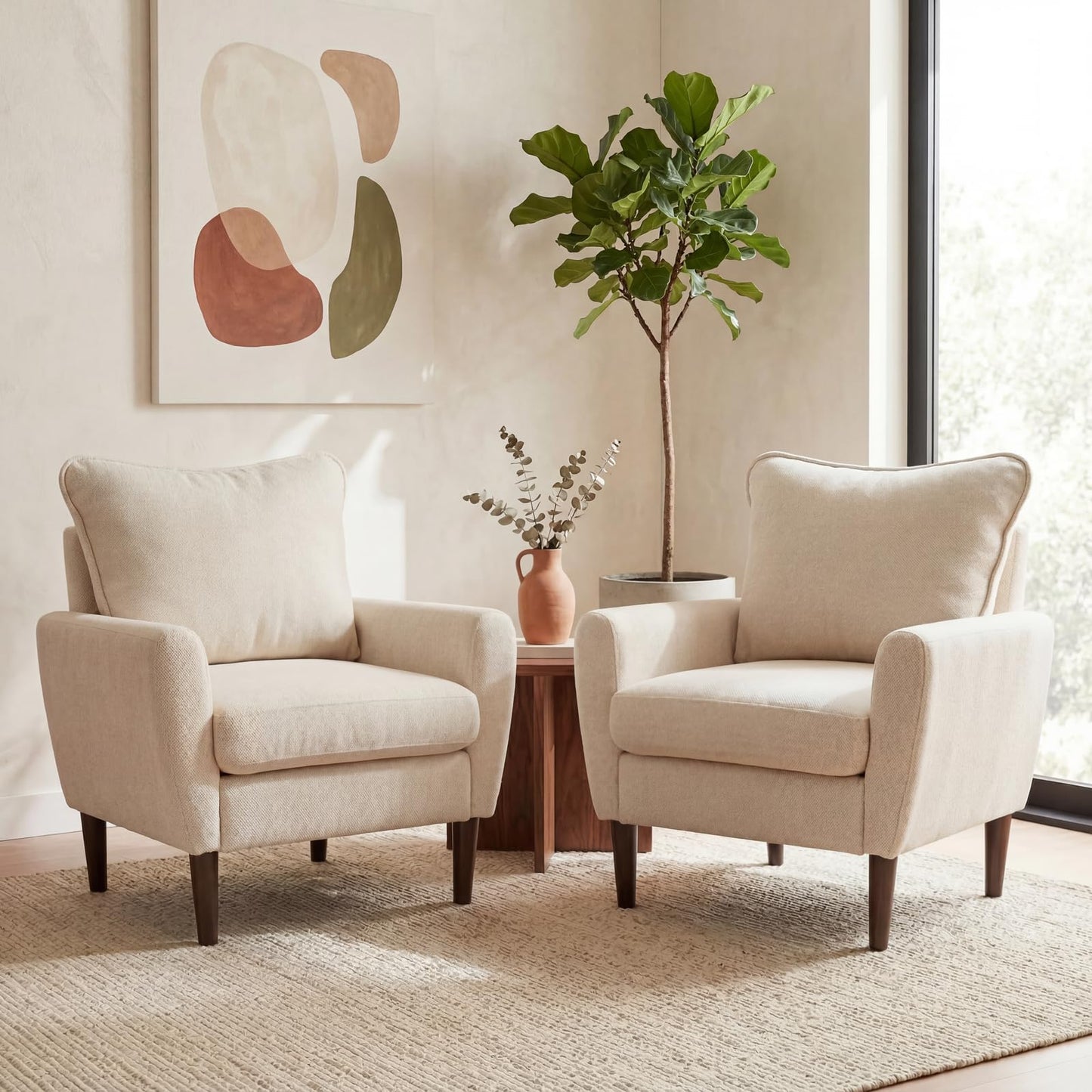 OLIXIS Comfy Accent Chair for Living Room Bedroom and Waiting Room, Upholstered Mid-Century Reading Chair with Pillow and Solid Wood Legs, Wide Singe Modern Lounge Sofa (Beige)