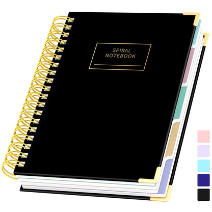 Yoment Hardcover Spiral Notebooks for Work School, B5 Journal Notebook with Tabs Dividers, Multi 5 Subject Notebook College Ruled, 240 Pages Lined Journal for Men, Back to School, Gifts, Black